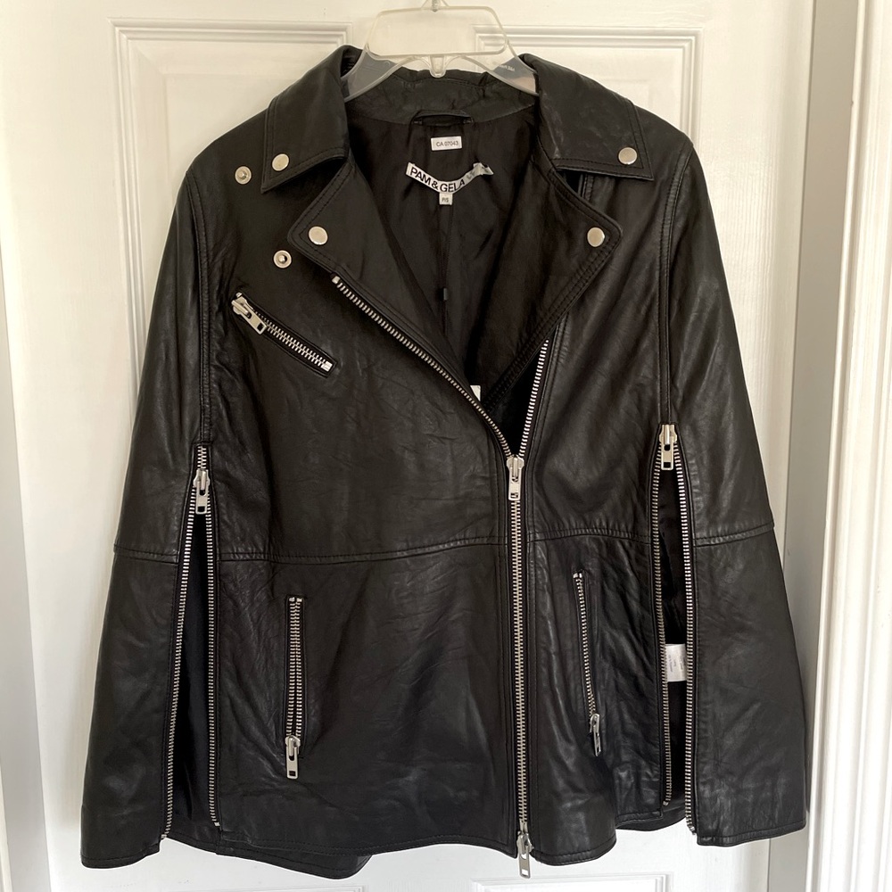 Pam & Gela Black Leather Moto Cape Jacket